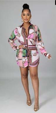 Her Bottari Ruched Shirt Mini Dress Loose Fitting Button Down Chain Print Small